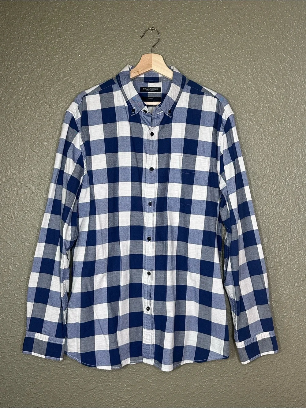 Banana Republic Men XL Grant Fit Luxe Flannel Shirt Blue White Buffalo Check EUC